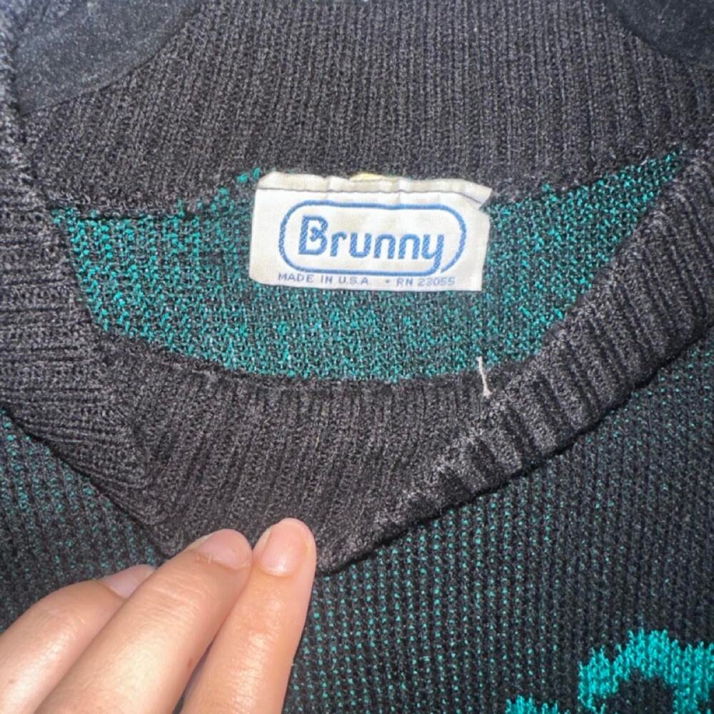 Vintage Brunny USA Made Black & Teal Floral Mock Neck Sweater Women’s Medium Coz - Picture 3 of 3